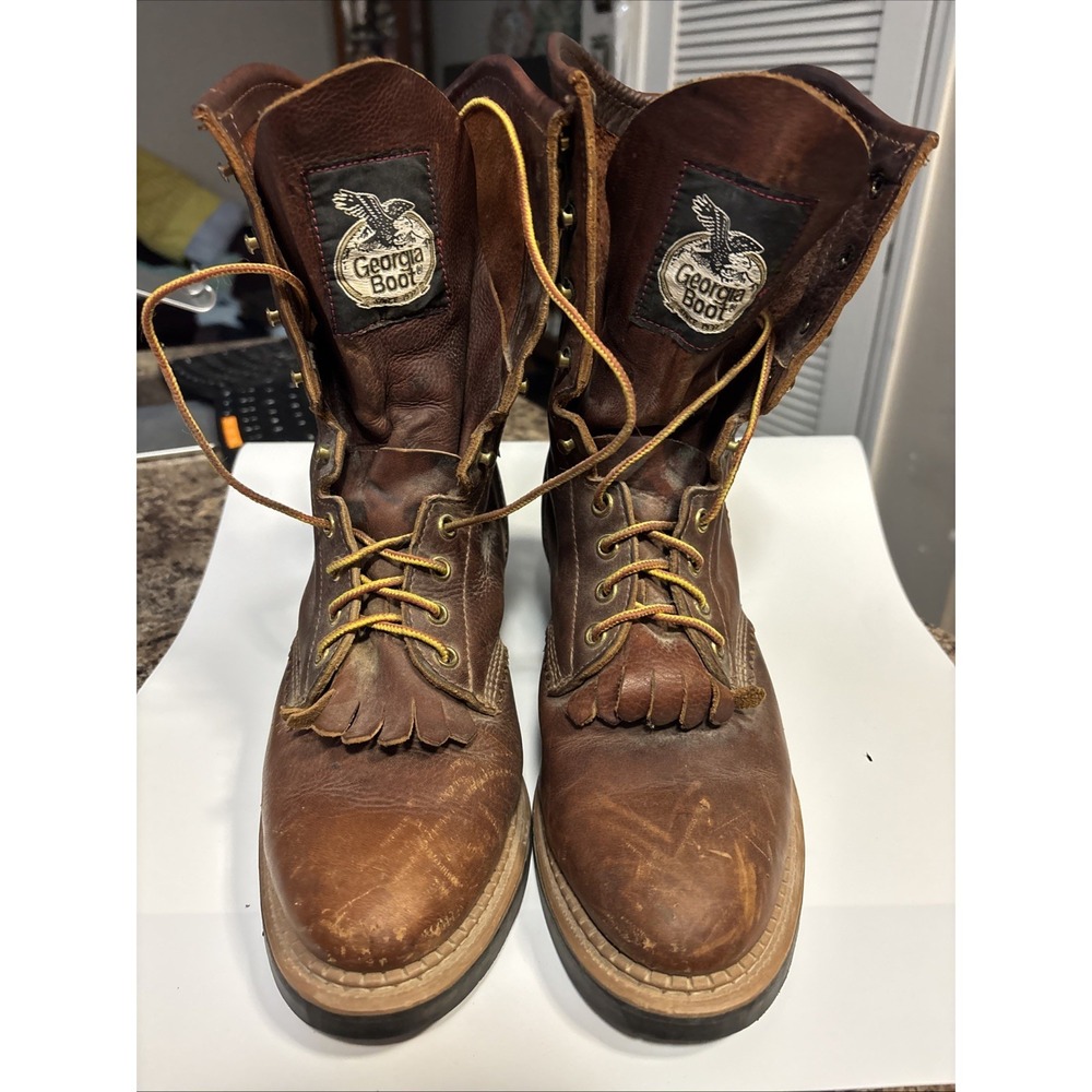 GEORGIA BOOT USA BROWN LEATHER LACE UP KILTIE WESTERN TRUCKER FARM BOOTS 8 M